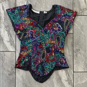 ❤️ Vintage Scala Hand Beaded Embroidered Top Size Medium Silk Lined Scalloped